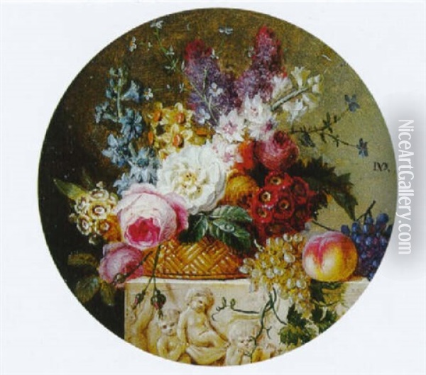 Nature Morte Au Panier De Fleurs Et De Fruits Sur Un Entablement Sculpte En Bas Relief Oil Painting - Jan Frans Van Dael