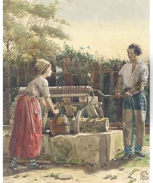 Collecting water from the well Oil Painting - Anthony Frederick Sandys