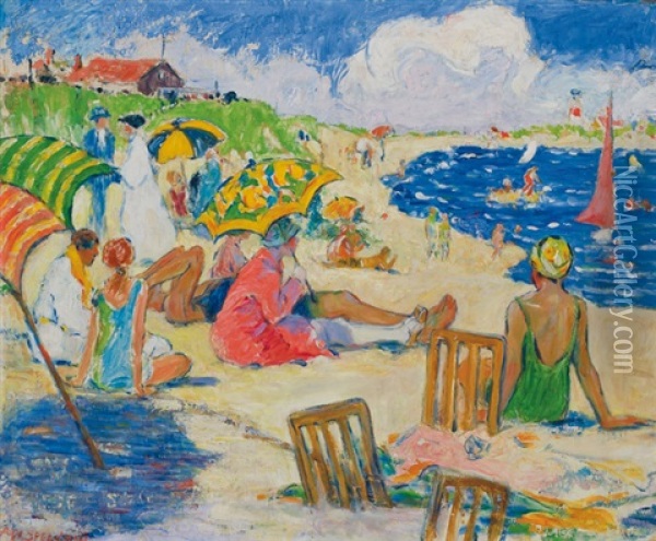 Sunny Day At The Beach Oil Painting - Anna W. Speakman