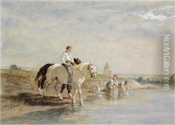 A Horse Rider Crossing The River On Laundry Day Oil Painting - Jules Jacques Veyrassat