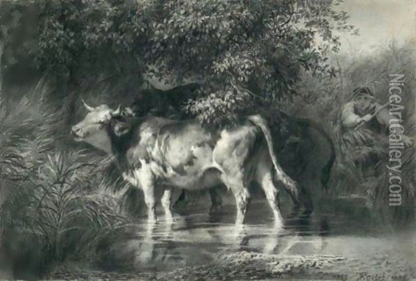 Kuhe Im Wasser, 1859 Oil Painting - Rudolf Koller
