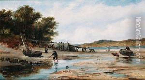 Fisherfolk On The Shore, Sussex Coast Oil Painting - Richard Henry Nibbs
