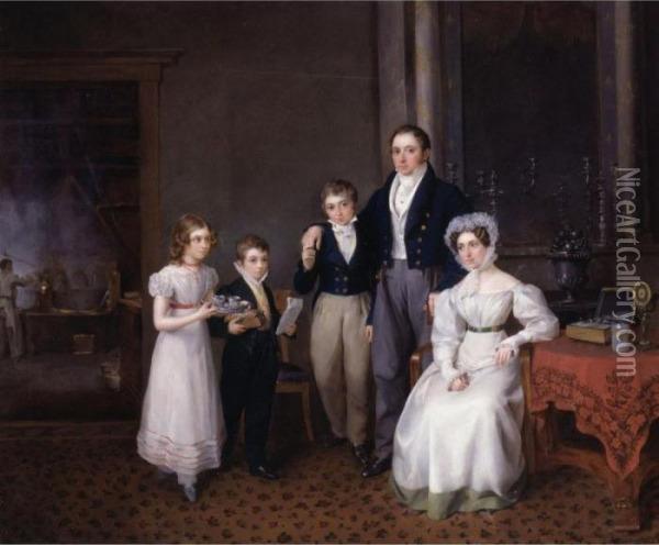 Portrait Of A Family With A Silversmith Foundry In The Background Oil Painting - Gustaaf Wappers