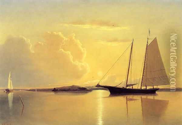 Schooner in Fairhaven Harbor, Sunrise Oil Painting - William Bradford