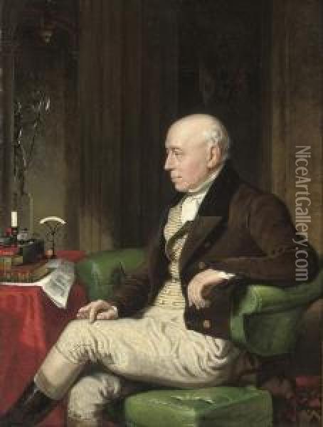Portrait Of William, 1st Earl Of Lonsdale, K.g., (1757-1844),seated Three-quater-length In A Green Armchair Oil Painting - Jacob Thompson