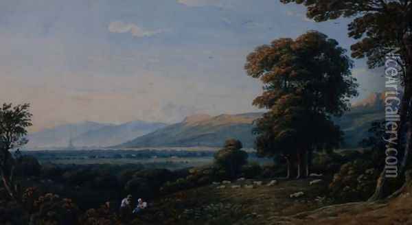 Figures resting on a hillside with a church spire beyond, 1825 Oil Painting - John Varley