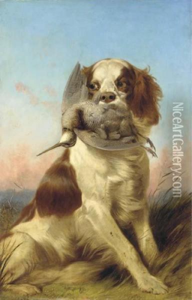 A Spaniel With A Woodcock At Sunset Oil Painting - Richard Ansdell