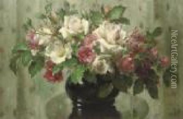 White And Pink Roses In A Vase Oil Painting - Frans Mortelmans