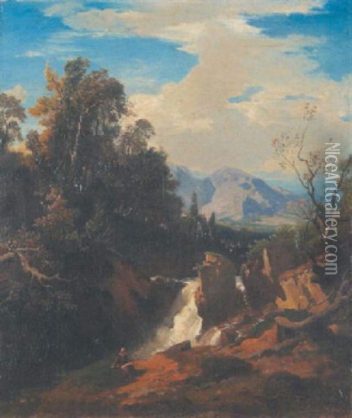 Gebirgslandschaft Mit Dem Propheten Elias Vorn Am Wasserfall Oil Painting - Johann Wilhelm Schirmer