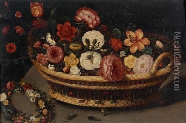 Panier Et Couronnes De Fleurs Sur Un Entablement Oil Painting - Ambrosius Brueghel