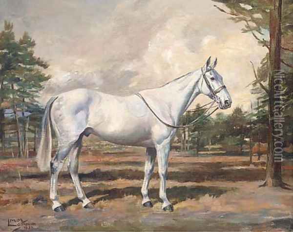 Irony, a saddled grey hunter in the grounds of Druids Lodge Oil Painting - Molly M. Latham
