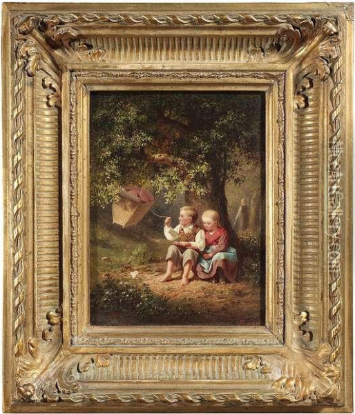 Woods Inside With Two Children. Oil/canvas/cardboard, Signed And Dated 