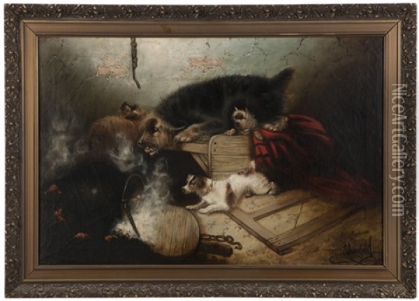 Mischievous Dogs In An Interior Oil Painting - Edward Armfield