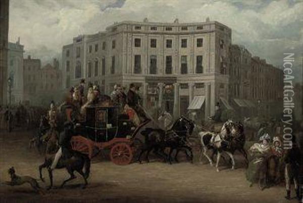 The Age Brighton Coach At The Bull And Mouth, Regent Circus,piccadilly Oil Painting - E. F. Lambert
