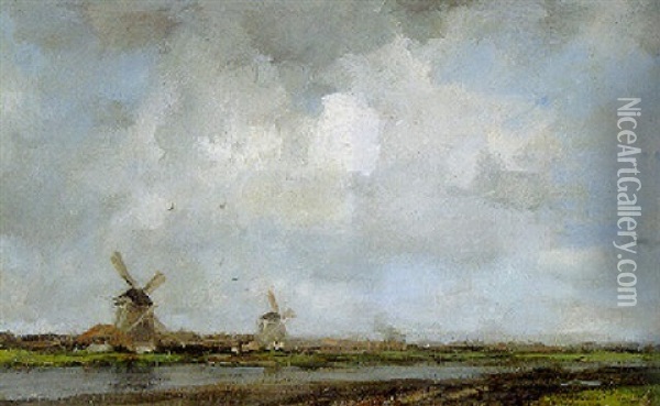 Windmills Along A Canal Near Leyden Oil Painting - Jacob Henricus Maris