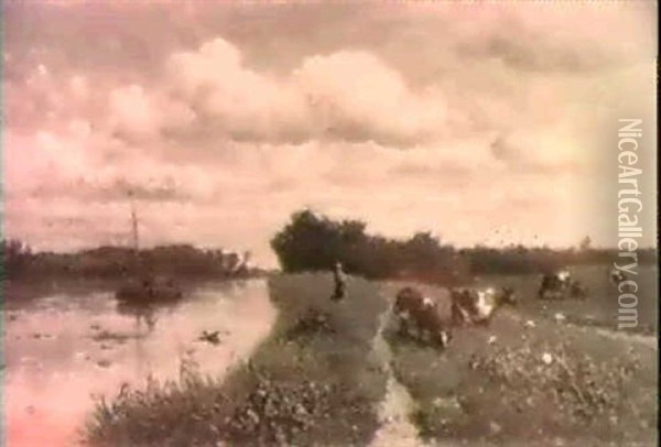 Summer: Cows In A Meadow By A Canal Near Schiedam Oil Painting - Willem Roelofs