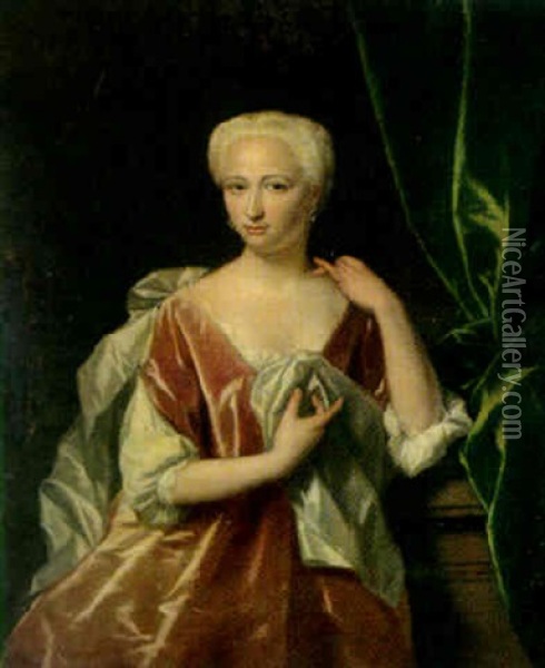 Portrait Of A Lady, Three Quarter Length, Resting Her Arm On A Stone Pedestal Oil Painting - Philip van Dyk