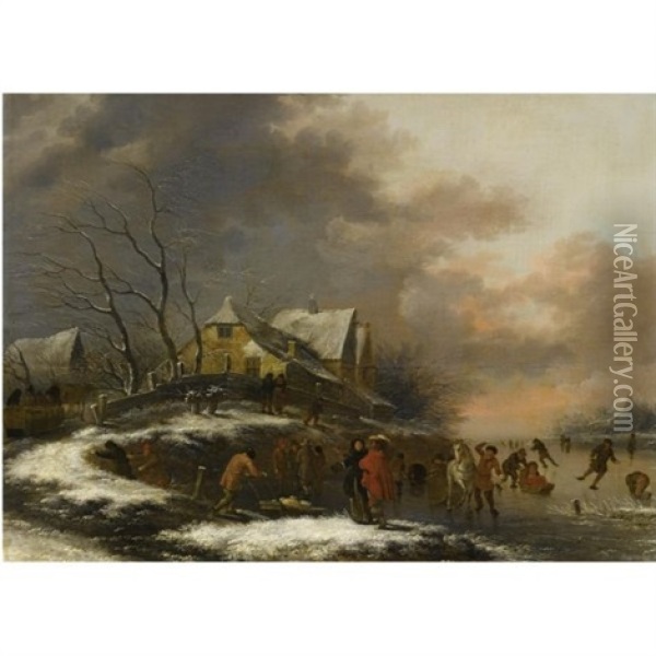 A Winter Landscape With Figures Skating On A Frozen River By A Village, Children On Sleighs, And Elegant Figures In The Foreground Oil Painting - Nicolaes Molenaer