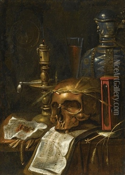 A Vanitas Still Life With A Candle, A Skull, An Hourglass, A Flagon And A Glass, On A Wooden Table Oil Painting - Sebastien Bonnecroy