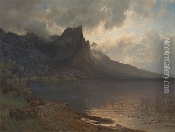 Landskap Fra Mondsee Med Drageveggen Oil Painting - Hans Frederick Gude