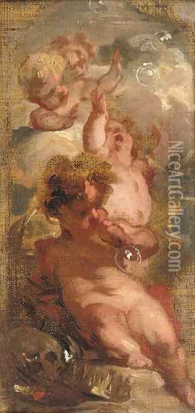 An Allegory of Vanitas Four putti blowing bubbles, a skull Oil Painting - Jacob de Wit