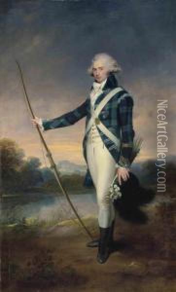Beechey, R.a. Portrait Of 
George Douglas, 16th Earl Of Morton, K.t. ,full-length, Holding A Bow, 
In The Dress Of The Royal Company Ofarchers, Holding A Longbow And A 
Black-plumed White Cockaded Cap,in Holyrood Park, With Duddingston Loch 
And Edinb Oil Painting - Sir William Beechey
