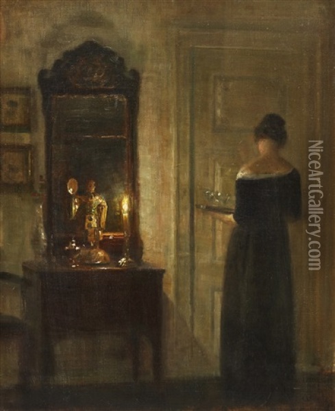 Interior With A Woman In Candlelight Oil Painting - Carl Vilhelm Holsoe