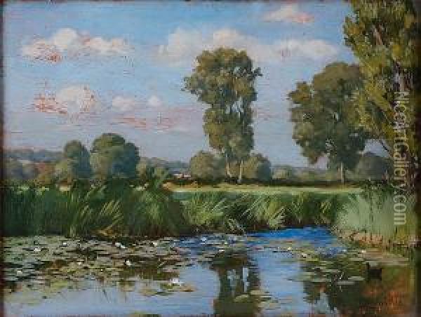 A Backwater On The Thames, Signed, Oil Onpanel Oil Painting - Frank Percy Wild