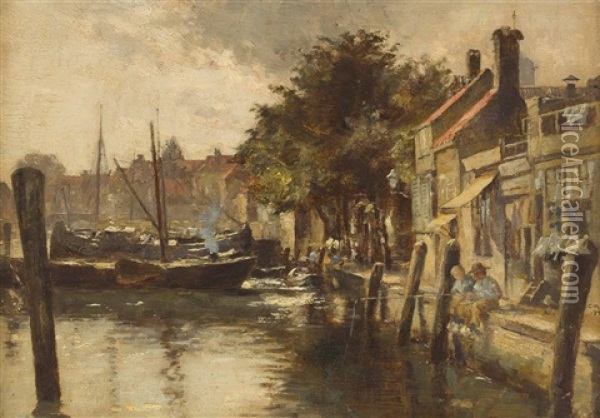 Boys Fishing On A Canalside Oil Painting - Charles Martin Hardie