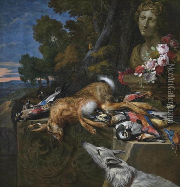 A Hare, A Woodpecker, A Jay, A 
Kingfisher, A Goldfinch, A Great Tit And Other Songbirds On A Stone 
Ledge, Flanked By A Bust Of Diana With A Floral Wreath, A Wooded 
Landscape Beyond Oil Painting - Hieronymus Galle I