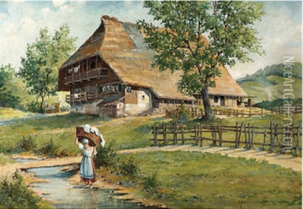 Schwarzwaldhof Mit Wascherin Oil Painting - Karl Hauptmann