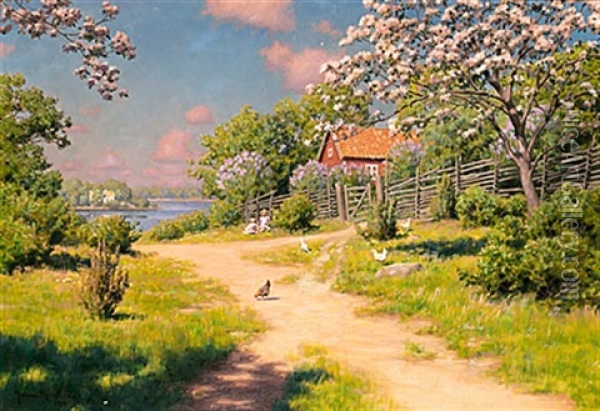 Barn I Sommargronska Oil Painting - Johan Fredrik Krouthen