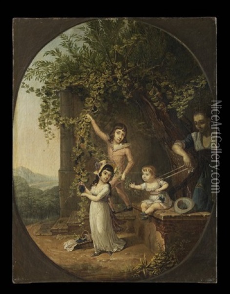 Under The Grape Arbor With The Nanny Oil Painting - Philippe-Henri Coclers