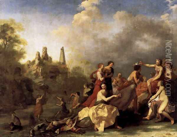 Amaryllis Giving Myrtill the Price Oil Painting - Cornelis Van Poelenburgh