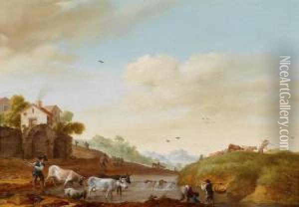 A River Landscape Oil Painting - Johannes Willem Tengeler
