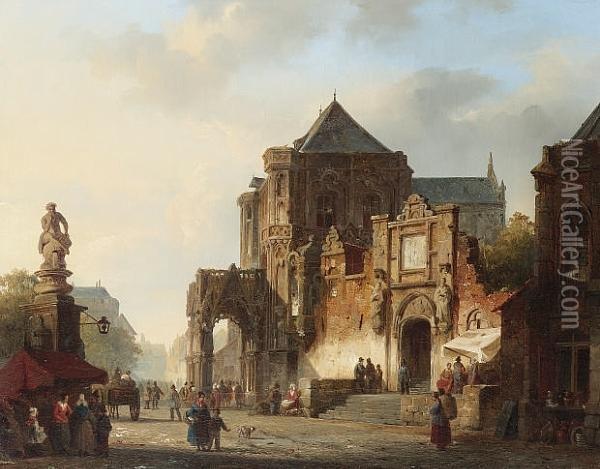 A Market Square In A German Town Oil Painting - Cornelis Springer