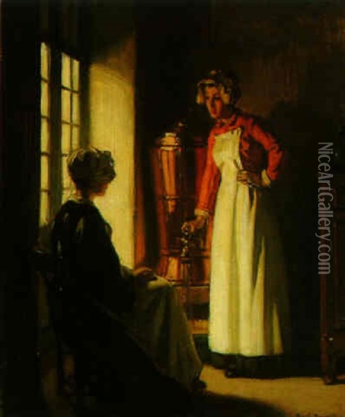 Woman In A Kitchen Oil Painting - Joseph Bail