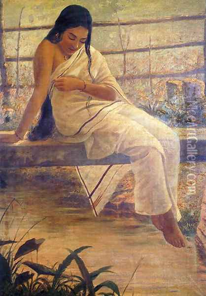 Lady on the Bridge Oil Painting - Raja Ravi Varma