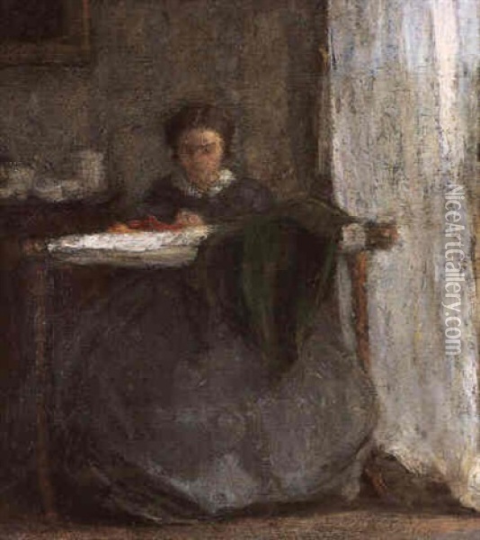 Brodeuse (portrait De Nathalie, Soeur De L'artiste) Oil Painting - Henri Fantin-Latour