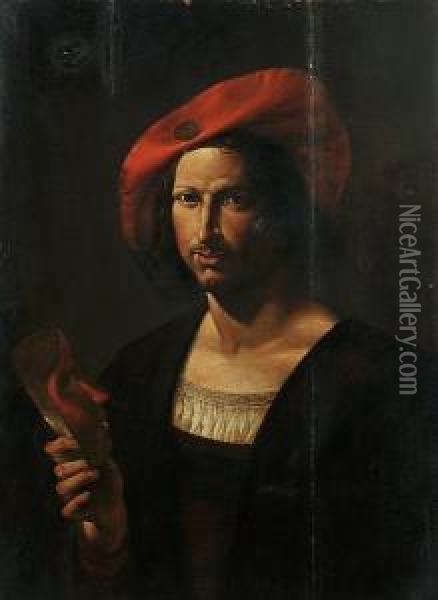 Portrait Of A Gentleman In A Wide-brimmed Red Hat Holding A Mask Oil Painting - Angelo Caroselli