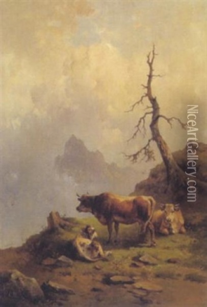 Kuhe Auf Der Alm Oil Painting - Edmund Mahlknecht