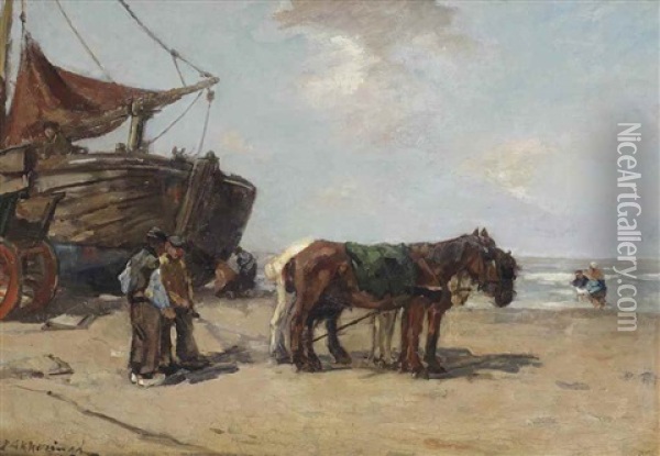 Horses On The Beach Oil Painting - Johannes Evert Hendrik Akkeringa
