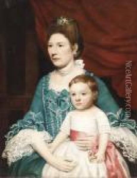 Portrait Of A Lady, Seated In A Blue Silk Dress With Ribbons Andher Child In White Oil Painting - John Singleton Copley