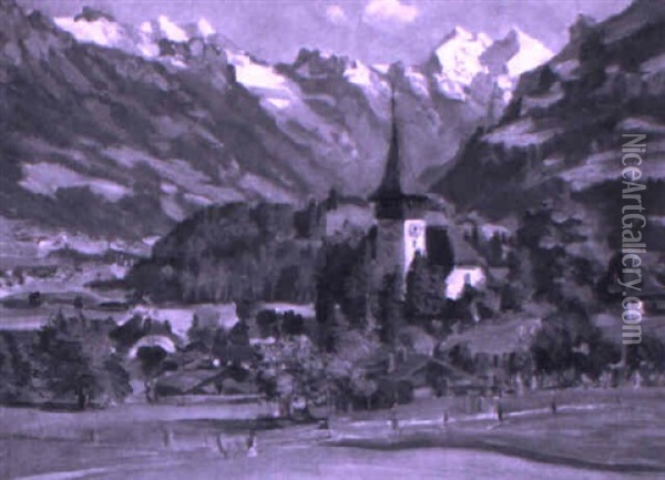 Kirche Und Dorf Frutigen Oil Painting - Waldemar Theophil Fink