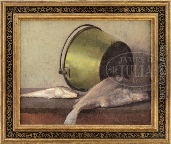 Still Life Of Fish On A Table With Brass Bucket Oil Painting - Leon Foster Jones