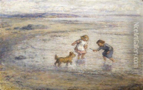 Children At Play, Largo Bay Oil Painting - Hugh Cameron