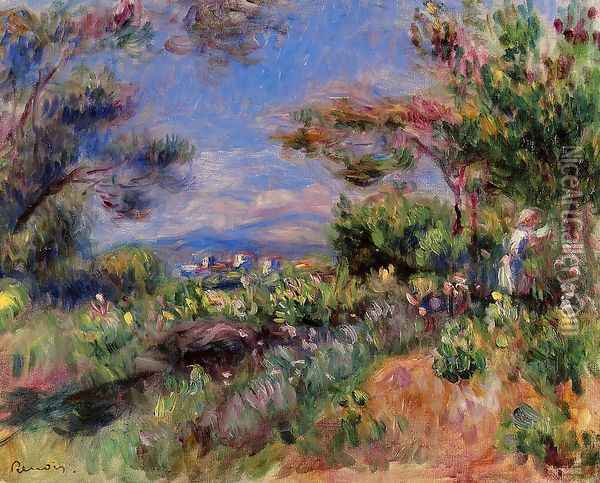 Young Woman In A Landscape Cagnes Oil Painting - Pierre Auguste Renoir