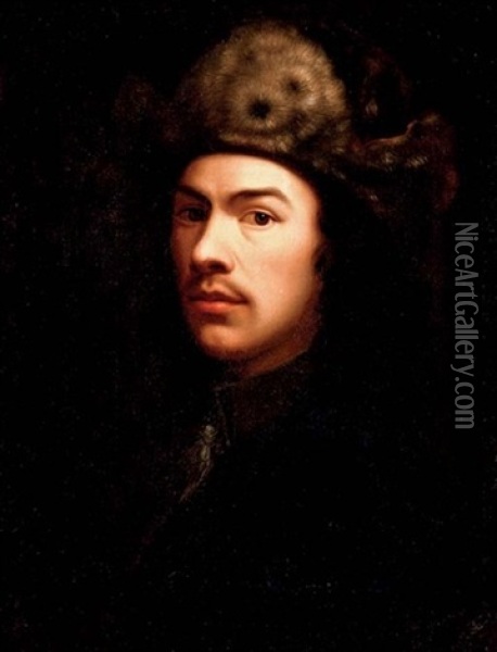 Portrait Of A Man, Possibly A Self-portrait, In A Black Coat And Fur Hat Oil Painting - Wallerant Vaillant