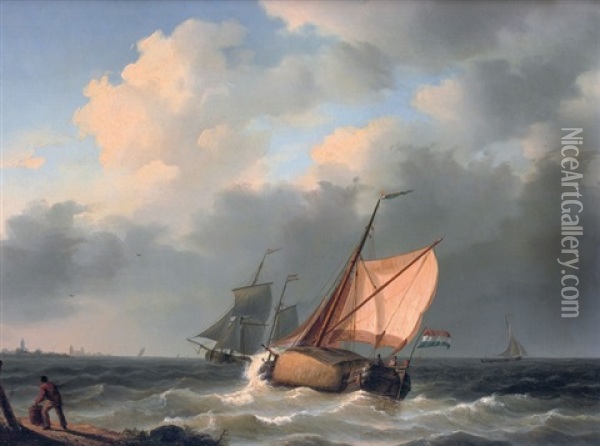 A Hay Barge On Choppy Waters Oil Painting - Willem Gruyter The Younger