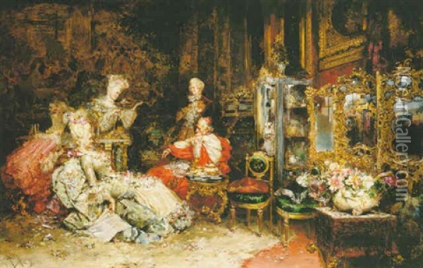 A Musical Tea-party Oil Painting - Salvador Sanchez Barbudo